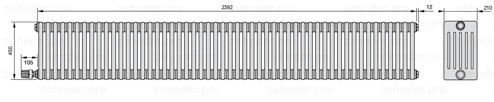 Схема (чертеж) Радиатор Zehnder Charleston 6045/52 №V003 Белый глянцевый RAL 9016